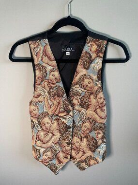 VTG NADIA Angel Cherub Tapestry Vest M | Italian Fabric